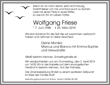 Traueranzeige von Wolfgang Friese von Tageszeitung