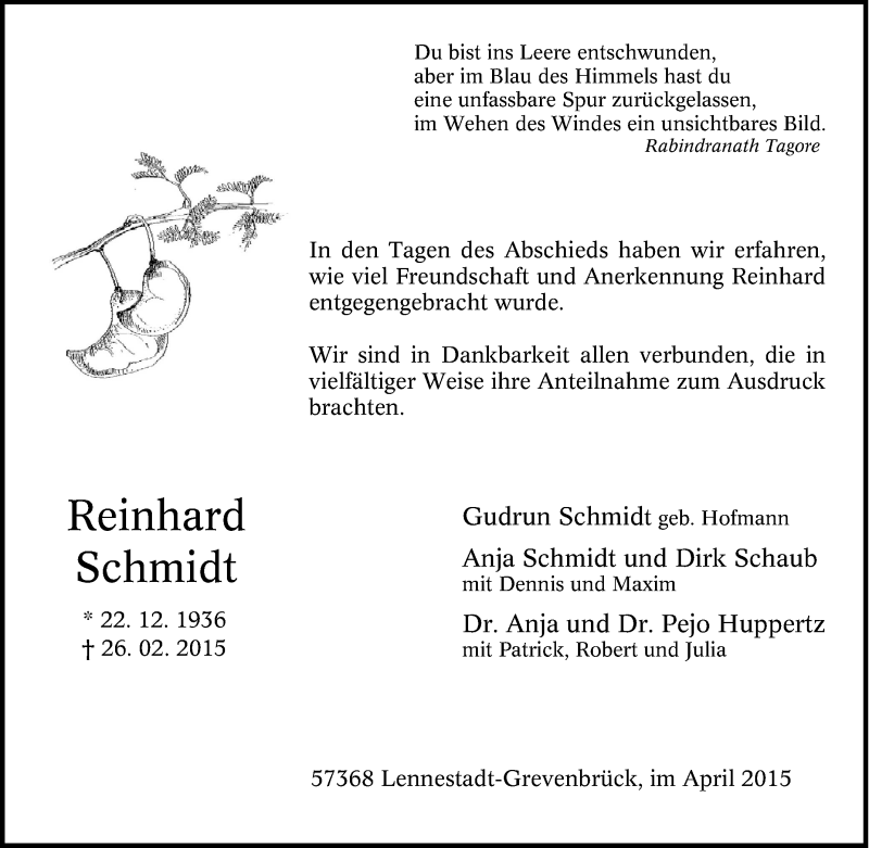 Traueranzeige für Reinhard Schmidt vom 11.03.2015 aus Tageszeitung