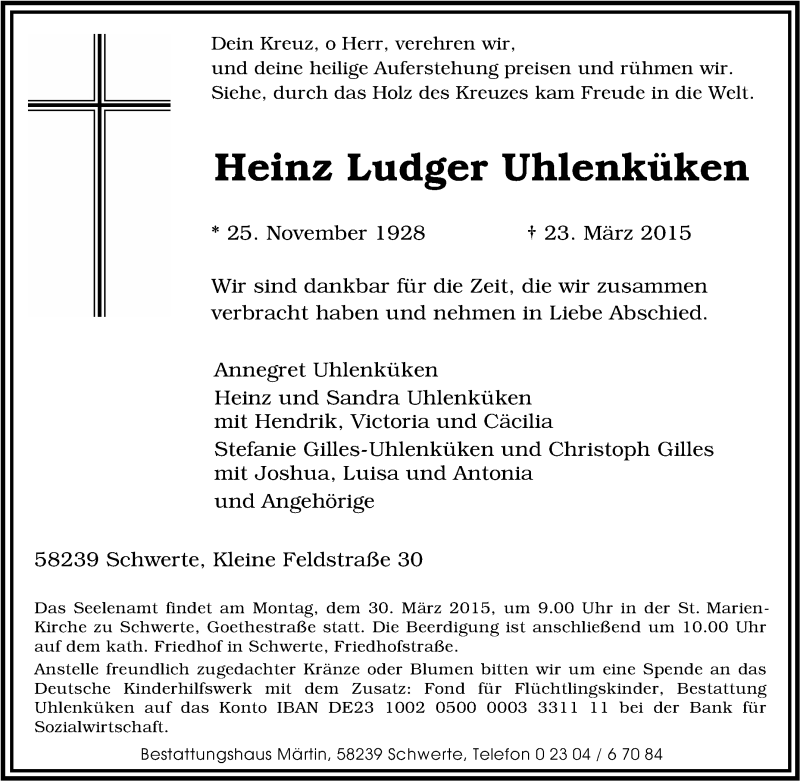  Traueranzeige für Heinz Ludger Uhlenküken vom 25.03.2015 aus Tageszeitung