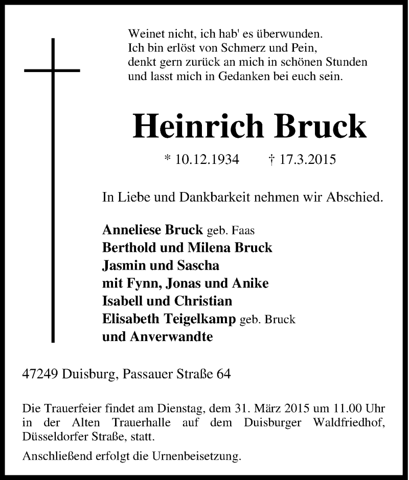 Traueranzeige für Heinrich Bruck vom 21.03.2015 aus Tageszeitung