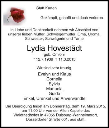 Traueranzeige von Lydia Hovestädt von Tageszeitung