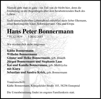 Traueranzeige von Hans Peter Bonnermann von Tageszeitung