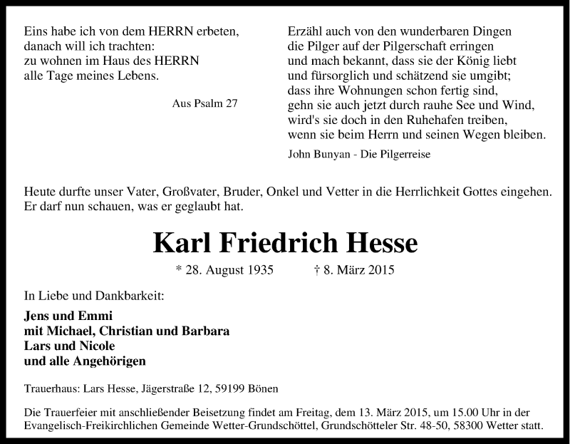 Traueranzeigen von Karl Friedrich Hesse TrauerinNRW.de