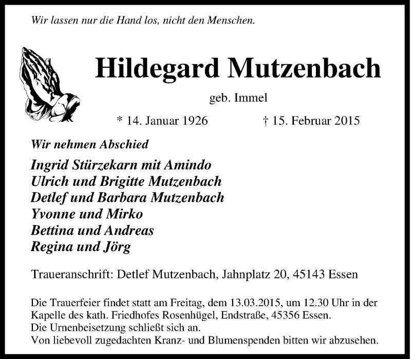  Traueranzeige für Hildegard Mutzenbach vom 07.03.2015 aus Tageszeitung