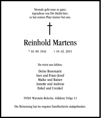 Traueranzeige von Reinhold Martens von Tageszeitung