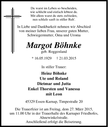 Traueranzeige von Margot Böhnke von Tageszeitung