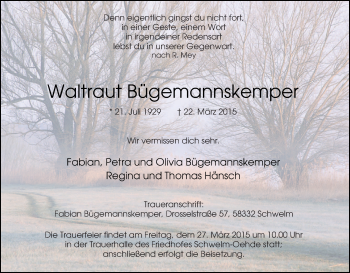 Traueranzeige von Waltraut Bügemannskemper von Tageszeitung