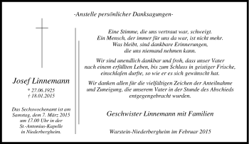 Traueranzeige von Josef Linnemann von Tageszeitung