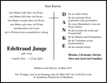 Traueranzeige von Edeltraud Junge von Tageszeitung