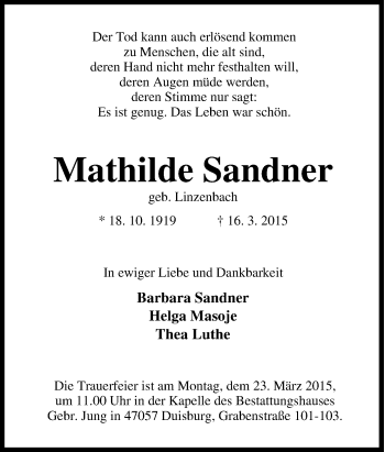 Traueranzeige von Mathilde Sandner von Tageszeitung