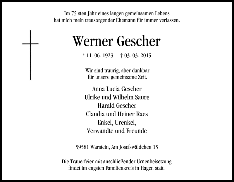  Traueranzeige für Werner Gescher vom 07.03.2015 aus Tageszeitung