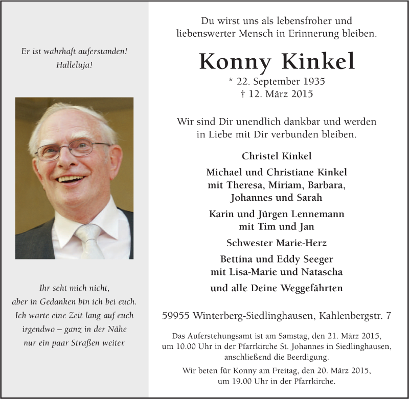  Traueranzeige für Konny Kinkel vom 17.03.2015 aus Tageszeitung