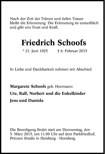 Traueranzeige von Friedrich Schoofs von Tageszeitung