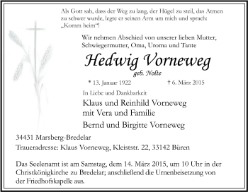 Traueranzeige von Hedwig Vorneweg von Tageszeitung