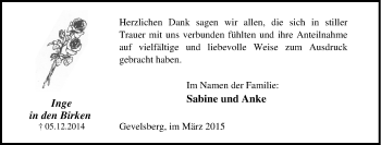 Traueranzeige von Inge in den Birken von Tageszeitung