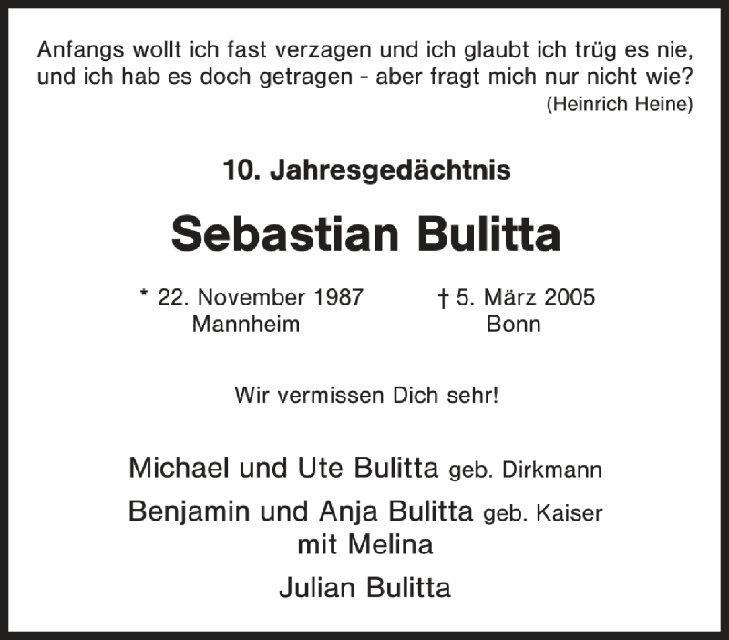  Traueranzeige für Sebastian Bulitta vom 05.03.2015 aus Tageszeitung