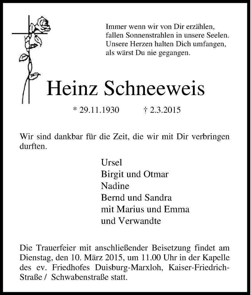  Traueranzeige für Heinz Schneeweis vom 06.03.2015 aus Tageszeitung