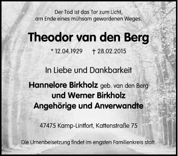 Traueranzeige von Theodor van den Berg von Tageszeitung