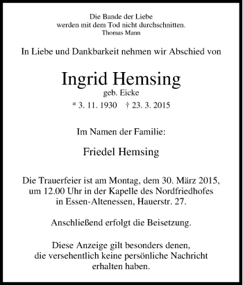 Traueranzeige von Ingrid Hemsing von Tageszeitung