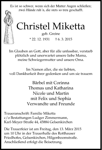 Traueranzeige von Christel Miketta von Tageszeitung