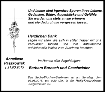 Traueranzeige von Anneliese Paszkowiak von Tageszeitung