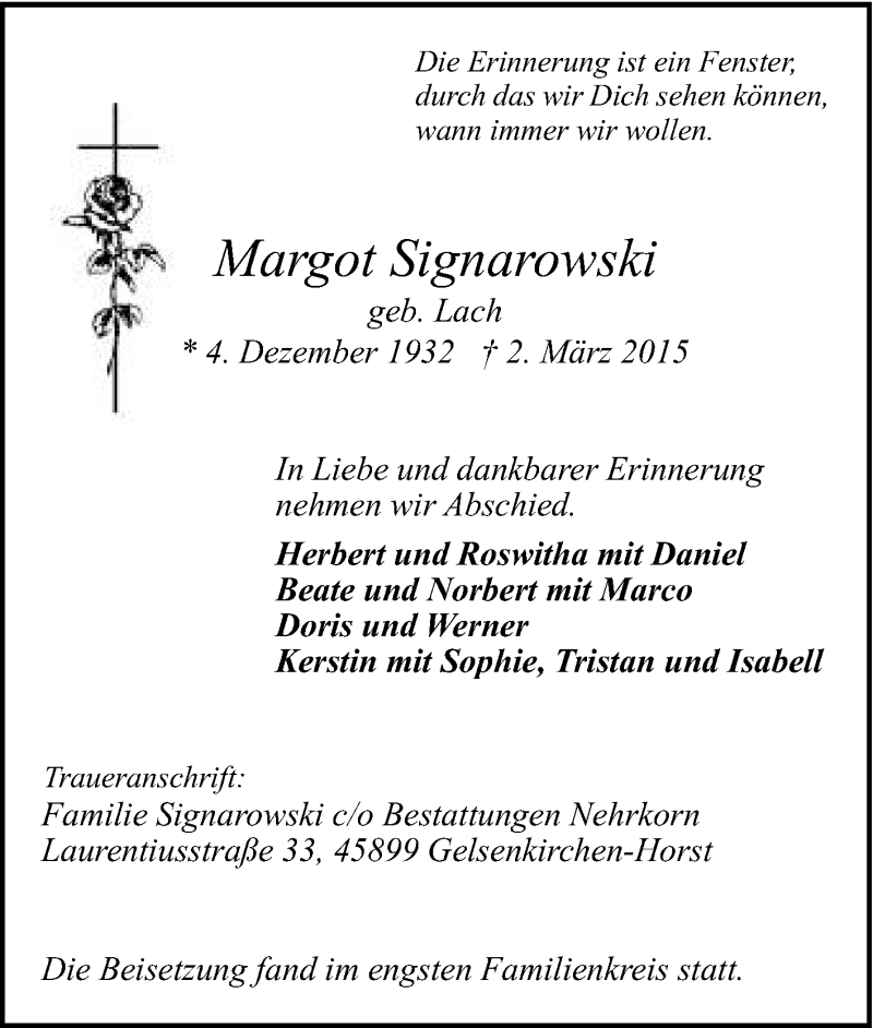  Traueranzeige für Margot Signarowski vom 07.03.2015 aus Tageszeitung