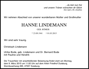 Traueranzeige von Hanne Lindemann von Tageszeitung