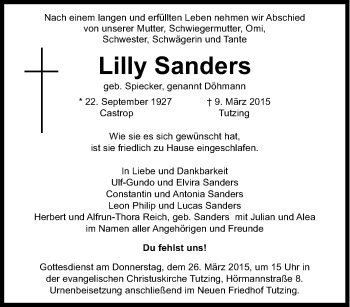 Traueranzeige von Lilly Sanders von Tageszeitung