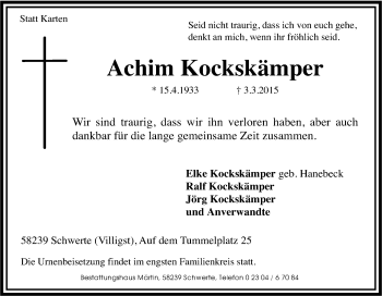 Traueranzeige von Achim Kockskämper von Tageszeitung