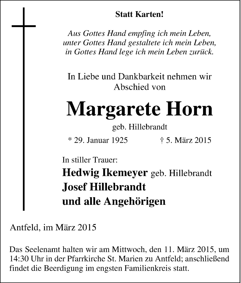  Traueranzeige für Margarete Horn vom 07.03.2015 aus Tageszeitung