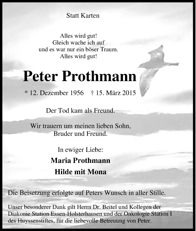 Traueranzeigen Von Peter Prothmann | Trauer-in-NRW.de