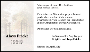 Traueranzeige von Aloys Fricke von Tageszeitung