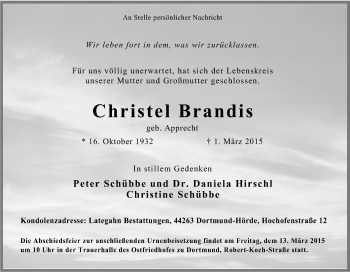 Traueranzeige von Christel  Brandis von Tageszeitung