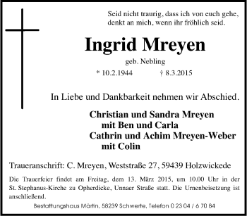 Traueranzeige von Ingrid Mreyen von Tageszeitung