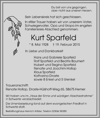 Traueranzeige von Kurt Sparfeld von Tageszeitung