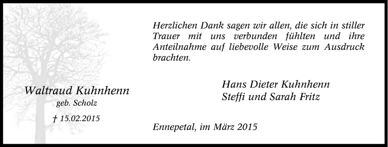  Traueranzeige für Waltraud Kuhnhenn vom 14.03.2015 aus Tageszeitung