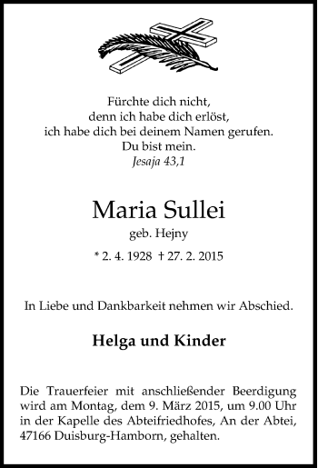 Traueranzeige von Maria Sullei von Tageszeitung