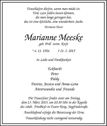 Traueranzeige von Marianne Meeske von Tageszeitung
