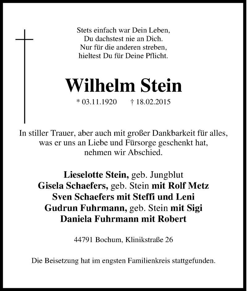 Traueranzeige für Wilhelm Stein vom 02.03.2015 aus Tageszeitung