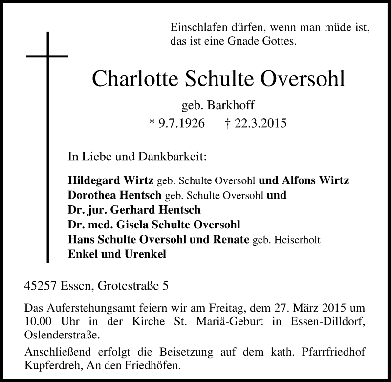  Traueranzeige für Charlotte  Schulte Oversohl vom 25.03.2015 aus Tageszeitung
