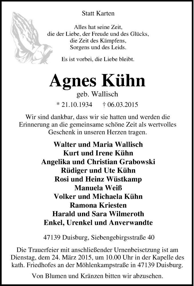  Traueranzeige für Agnes Kühn vom 20.03.2015 aus Tageszeitung