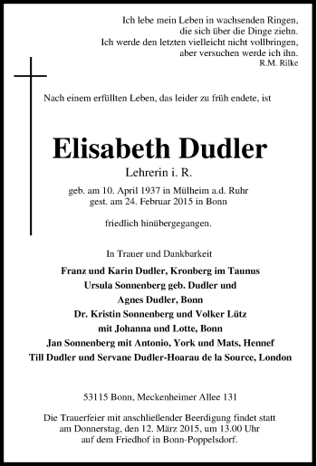 Traueranzeige von Elisabeth Dudler von Tageszeitung
