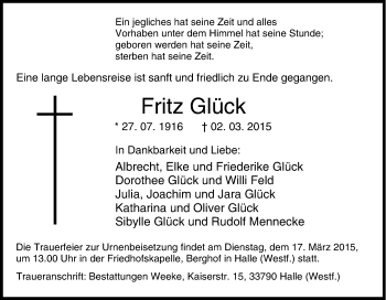 Traueranzeige von Fritz Glück von Tageszeitung