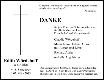 Traueranzeige von Edith Wördehoff von Tageszeitung