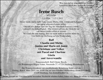 Traueranzeige von Irene Busch von Tageszeitung