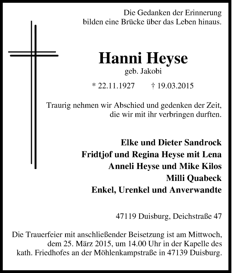  Traueranzeige für Hanni Heyse vom 21.03.2015 aus Tageszeitung