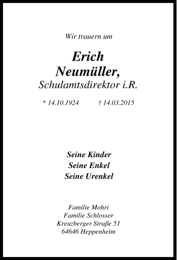 Traueranzeige von Erich Neumüller von Tageszeitung
