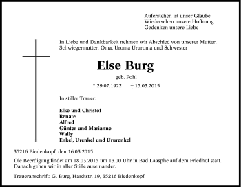 Traueranzeige von Else Burg von Tageszeitung