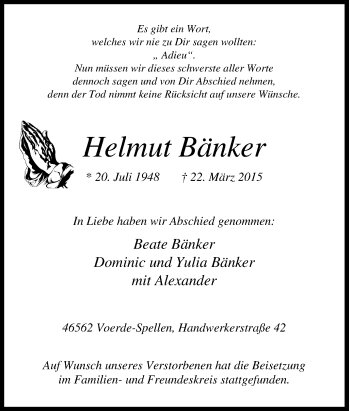 Traueranzeige von Helmut Bänker von Tageszeitung