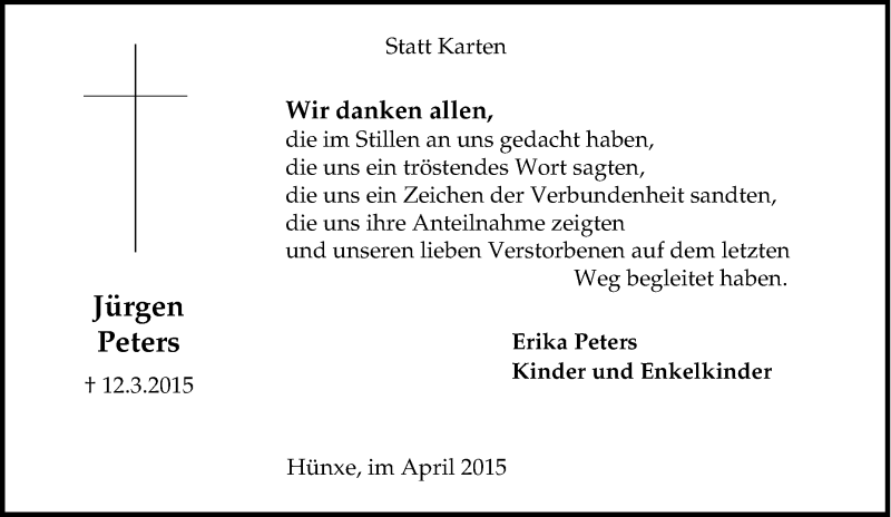  Traueranzeige für Jürgen Peters vom 14.03.2015 aus Tageszeitung